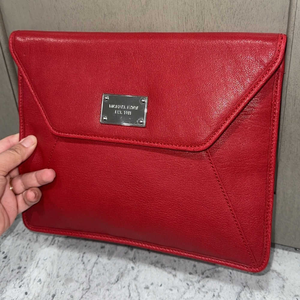 Michael Kors Red Leather Envelope Bag MK Large Clutch AUTHENTIC